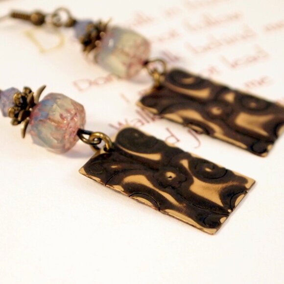 Brass Hand Embossed Earrings Czech Glass Earrings Hand Patina Brass Earrings - Picture 6 of 11